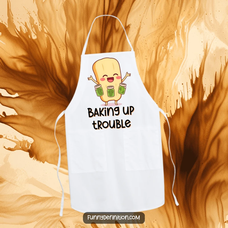 Funny apron illustration of a happy baguette character juggling three small pickle jars, ideal for humorous culinary adventures.