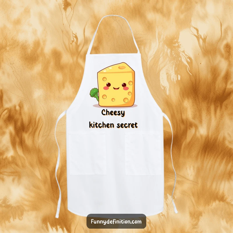 Funny apron showing a shy broccoli floret peeking out from behind a giant, smiling cheese wedge, ideal for adding veggie humor to cooking.