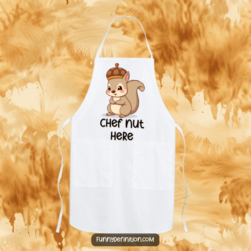 Funny apron featuring a squirrel accidentally wearing an acorn like a hat, perfect for kitchen charm and fun.