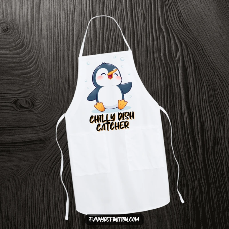 Funny apron featuring a determined penguin enthusiastically trying to catch falling snowflakes with its beak, ideal for kitchen fun.