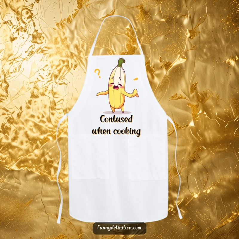 Funny apron featuring a bewildered banana hilariously peeling itself, ideal for kitchen fun and humorous protection.