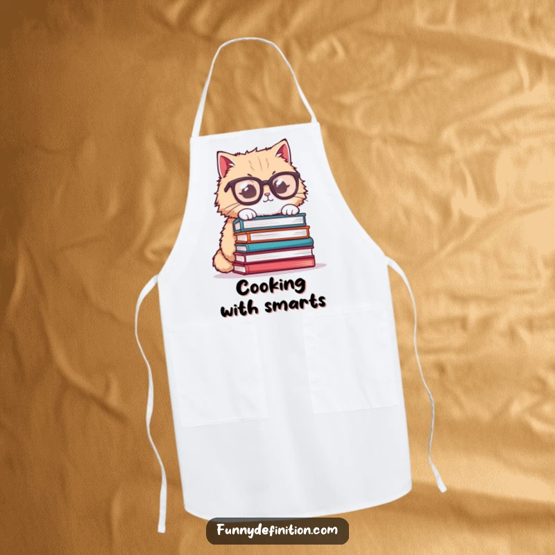 Funny cat apron, fluffy cat wearing oversized glasses, trying to balance books, a humorous and practical kitchen accessory.
