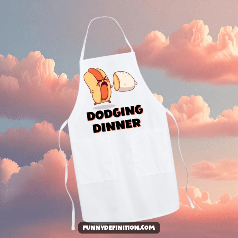 Funny apron showing a nervous hot dog trying to escape a pursuing bun, ideal for adding playful food drama to cooking.