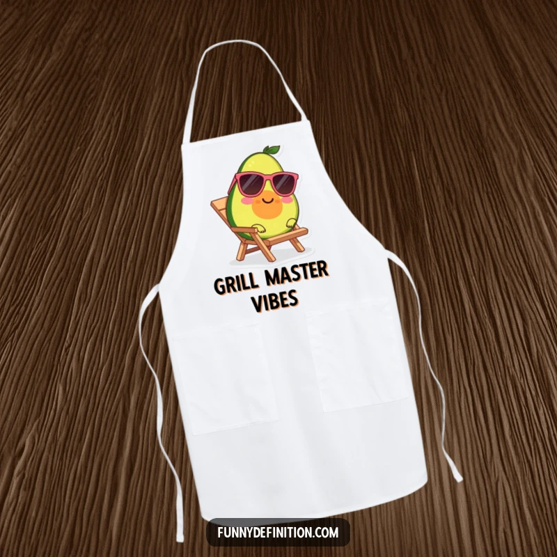 Funny kitchen apron showing a smiling avocado character wearing sunglasses, lounging on a tiny beach chair.