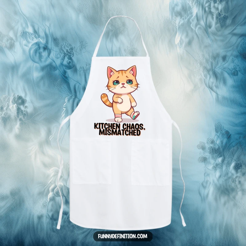 Funny apron depicting a confused cat comically attempting to walk in mismatched socks, designed for a humorous cooking experience.
