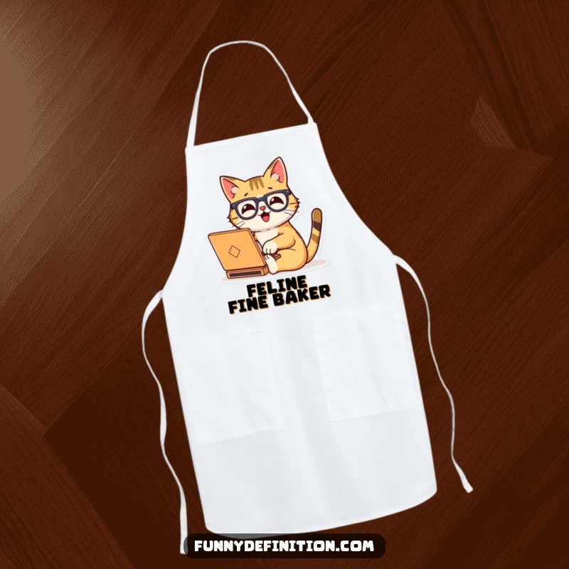 Funny apron showing a happy cat wearing oversized glasses, typing on a tiny laptop.