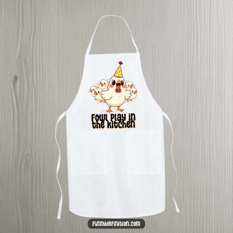 Funny apron depicting a startled chicken wearing a party hat, comically escaping from its brethren, designed for a humorous cooking experience.