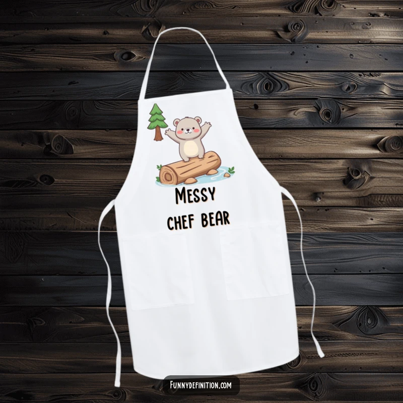 Funny apron featuring a clumsy bear attempting to balance on a slippery log, arms out wide, for kitchen fun.