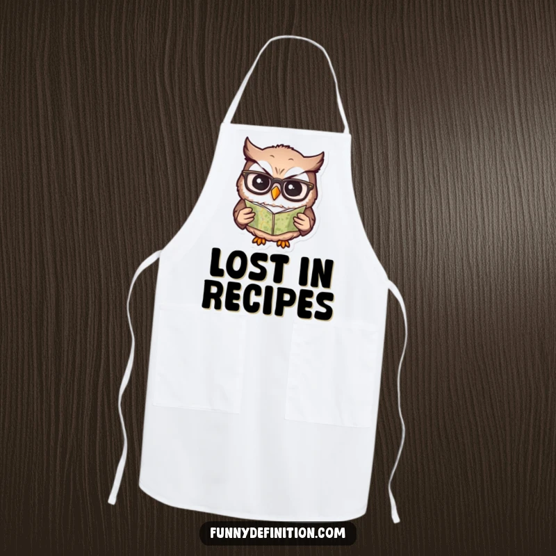 Funny apron featuring a confused owl wearing glasses, attempting to read a tiny map, perfect for kitchen humor.
