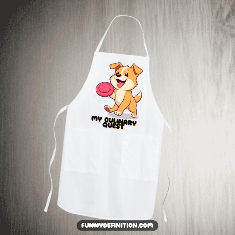 Funny dog apron depicting a happy dog with tongue out, leaping for a frisbee, ideal for humorous kitchen wear and a dog lover gift.