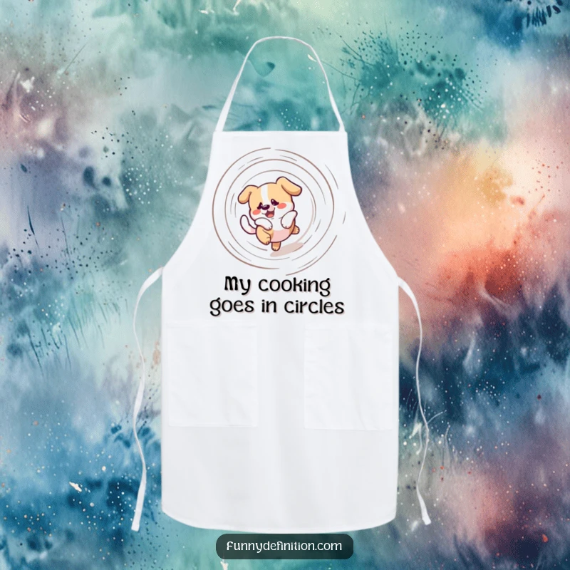 Funny apron depicting a bewildered dog comically spinning in a dizzying spiral chasing its tail, designed for a humorous cooking experience.