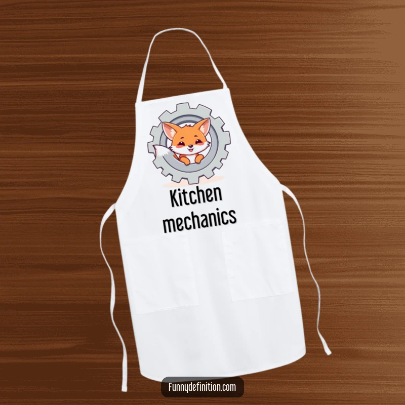 Funny apron design with a fox peeking from behind a spinning gear, ideal for tasks requiring a blend of creativity and precision.