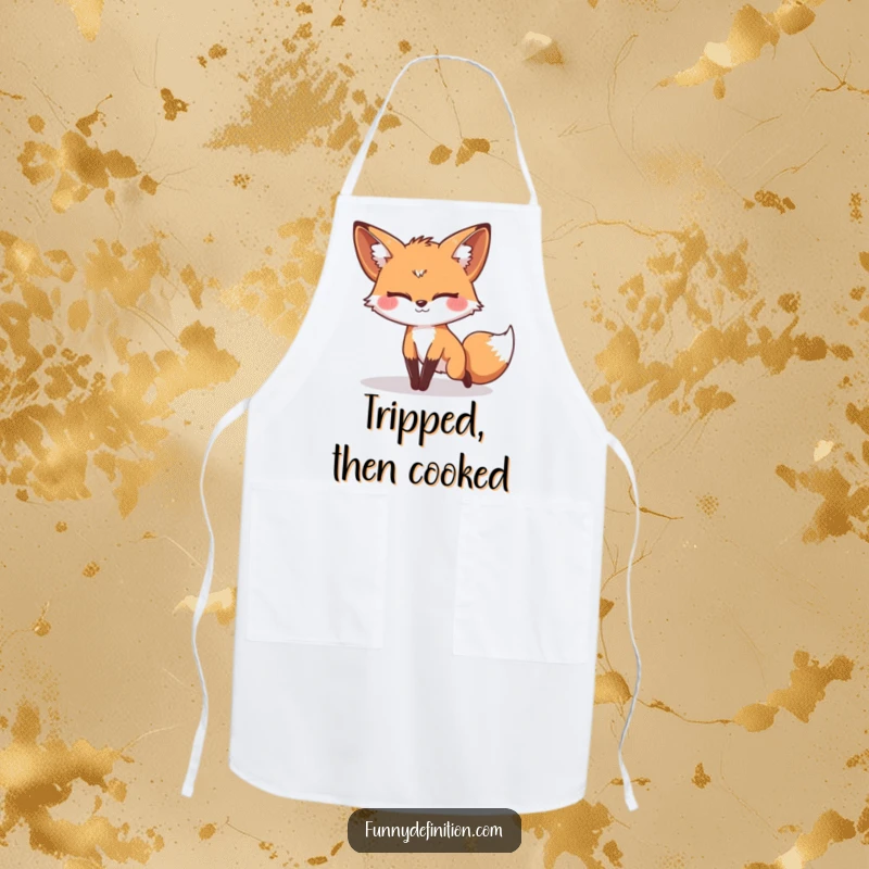 Funny apron featuring a silly fox tripping over its own tail, perfect for adding humor to cooking and baking.