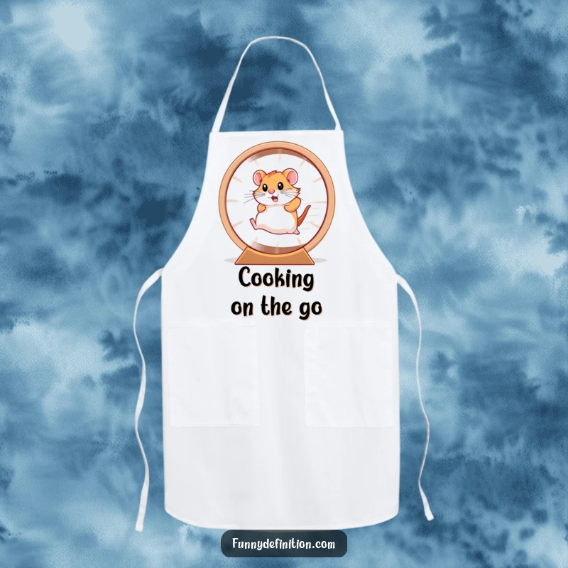 Funny hamster, a blur of speed, running in a giant wheel on an apron while cooking.
