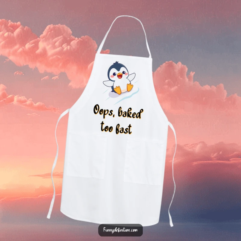 Funny apron showing a startled penguin character with wide eyes, sliding down an icy slope.