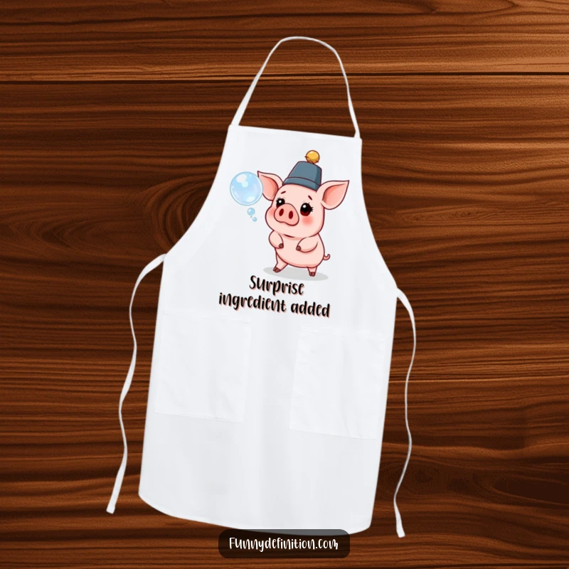 Funny pig apron showing a pig in a ridiculous hat, looking surprised by a floating bubble, great for cooking.