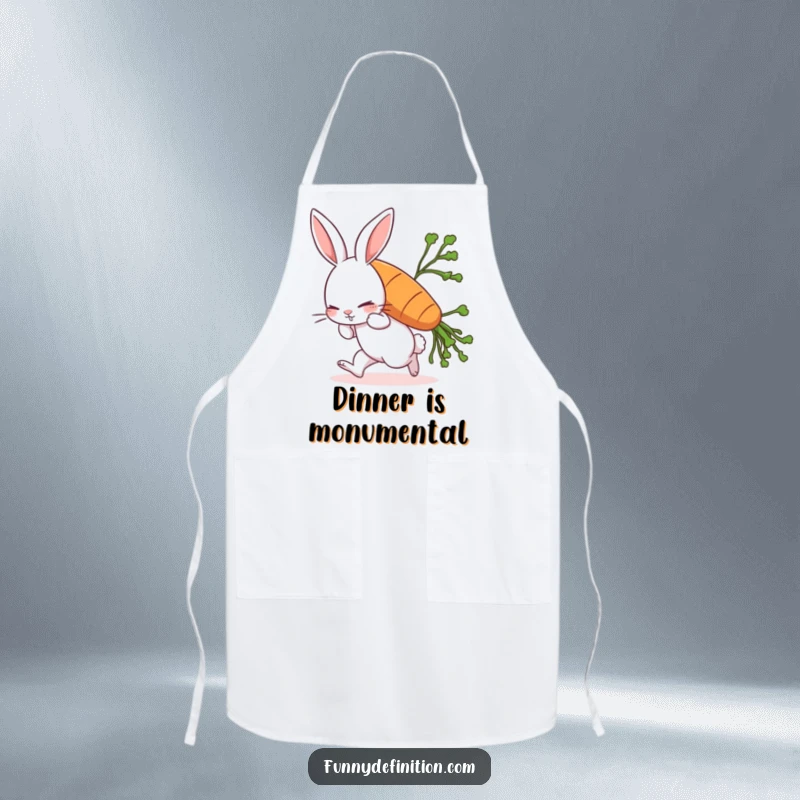 Funny rabbit apron depicting a comically struggling rabbit carrying an oversized carrot, ideal for humorous kitchen or garden wear.