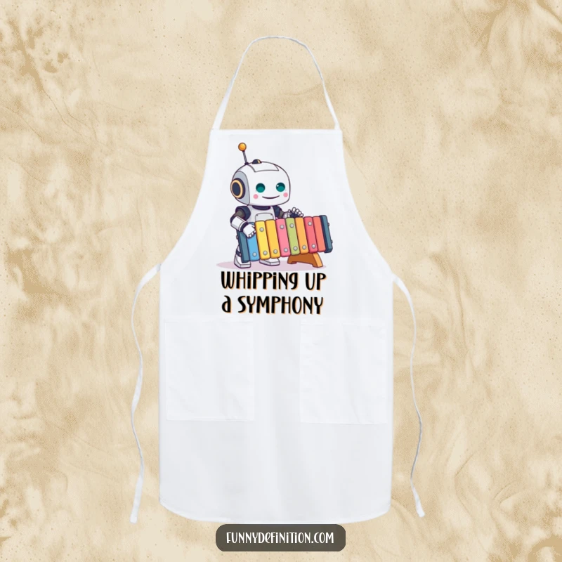 Funny Robot Apron: A happy robot energetically plays a large xylophone while cooking, a humorous kitchen accessory and funny gift.
