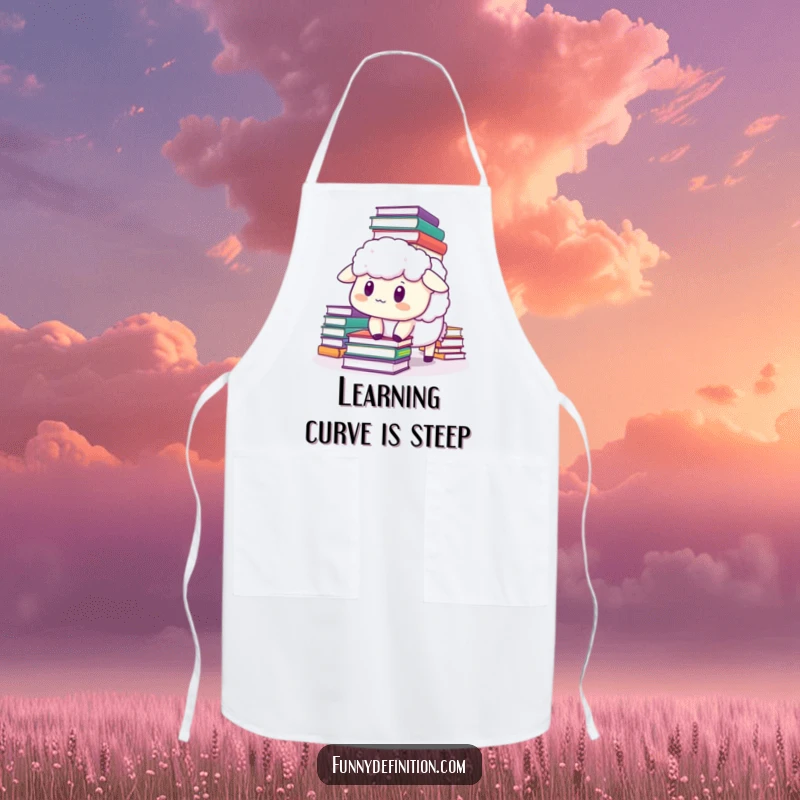 Funny sheep apron depicting a startled sheep with books tumbling down, ideal for humorous kitchen wear and a fun gift.