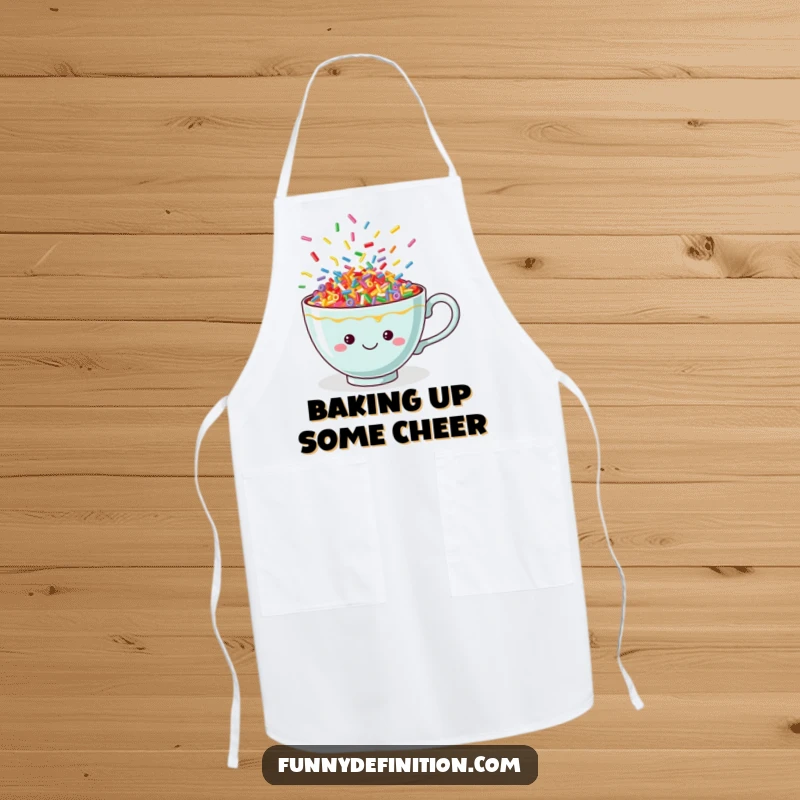 Funny teacup apron adorned with cheerful, dancing sprinkles, designed for the playful cook who enjoys adding fun to the kitchen.