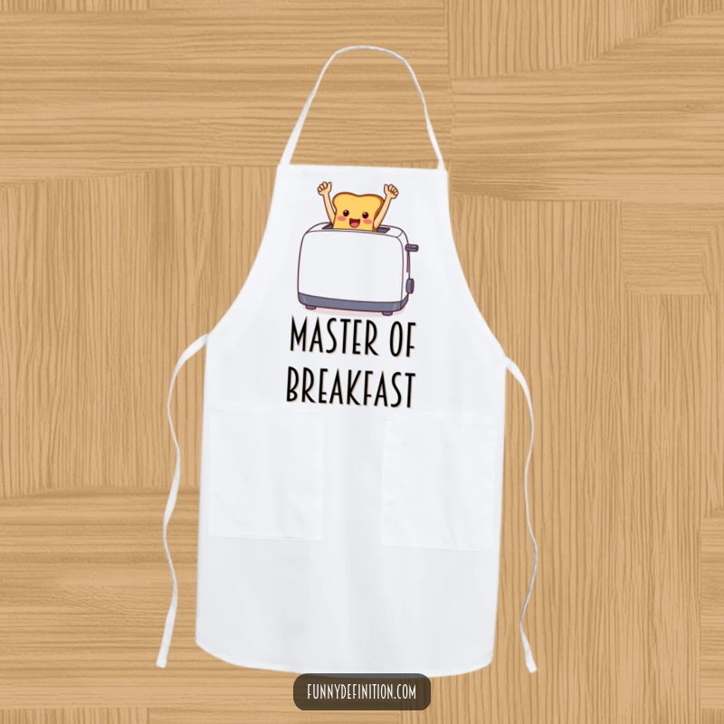 Funny cheerful toast jumping from a toaster with arms raised in triumph, on a practical kitchen apron.