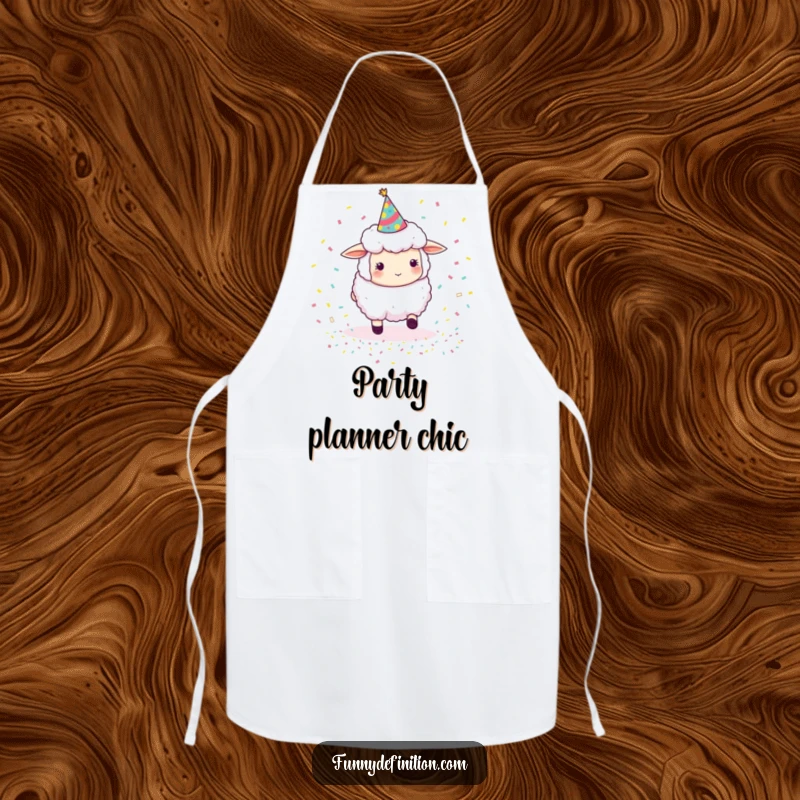 Funny sheep wearing a party hat, trying to herd bouncing confetti, a humorous and practical apron for kitchen parties.