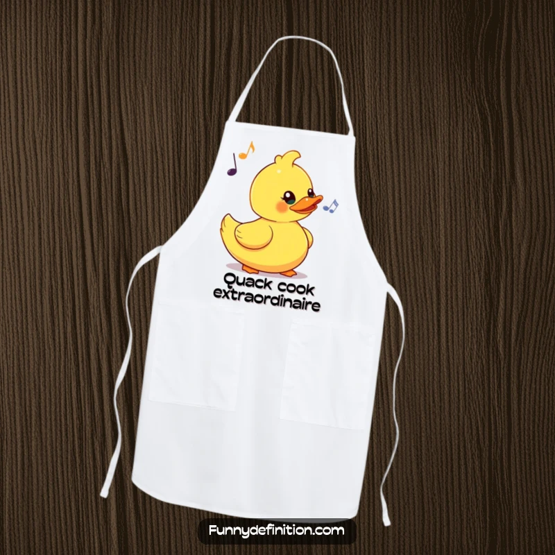 Funny apron featuring a yellow rubber duck comically bobbing its head to an imaginary beat, a cheerful and musical addition to any kitchen.