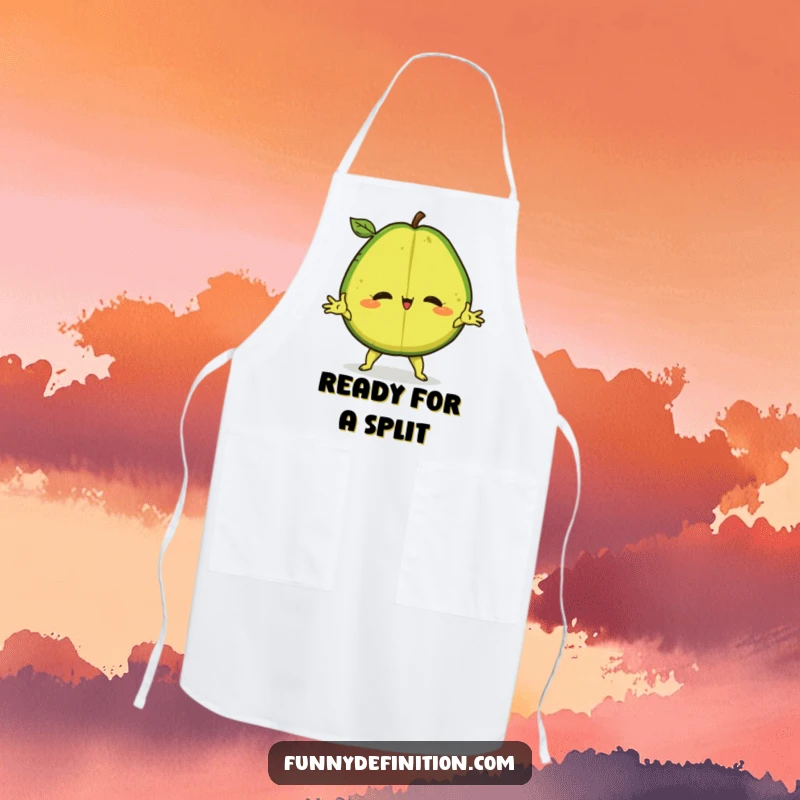 Funny Apron depicting a confident avocado performing a dramatic split, perfect for a humorous cooking experience.