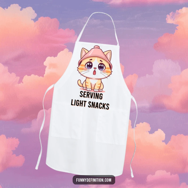 Funny surprised cat wearing a lampshade hat on an apron, ready for kitchen adventures with comedic flair.