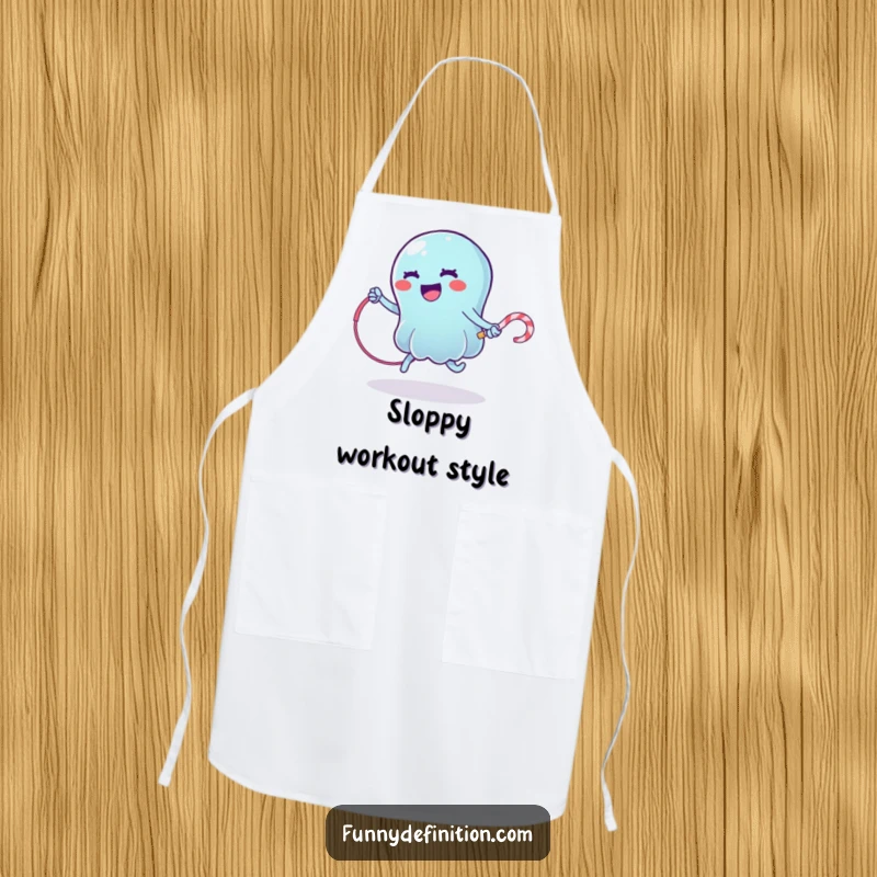 Funny apron with a wobbly jelly character jump roping using a licorice whip, functional and humorous kitchen accessory.