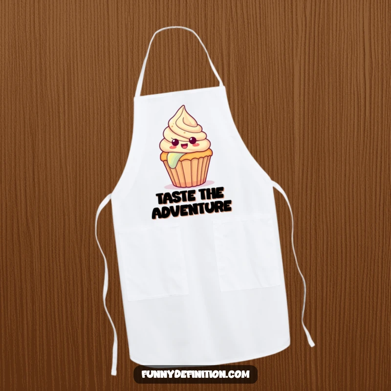 Funny apron featuring a surprised cupcake with frosting sliding down a rainbow, perfect for kitchen charm and fun.