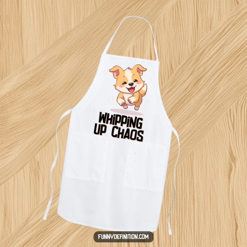 Funny dizzy dog apron showing a dog comically spinning in a blur chasing its tail, ideal for humorous kitchen tasks.