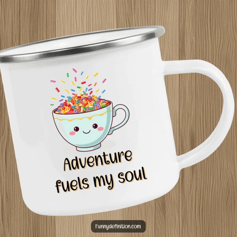 Funny sprinkle teacup camping mug, durable and cheerful, featuring a delightful cup overflowing with dancing colorful sprinkles.