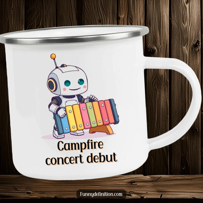 Funny Robot Camping Mug: A happy robot plays a large xylophone in a scenic outdoor setting, bringing fun to camping, a great funny gift.