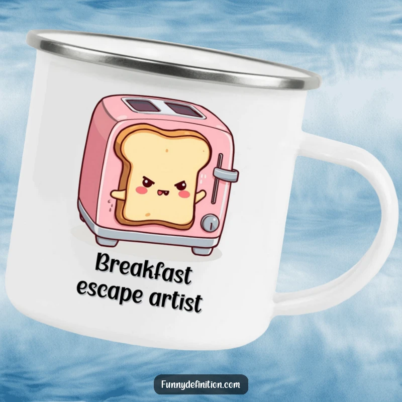 Funny enamel camping mug with sentient toast escaping a toaster, determined expression, perfect for outdoor adventures and humor.
