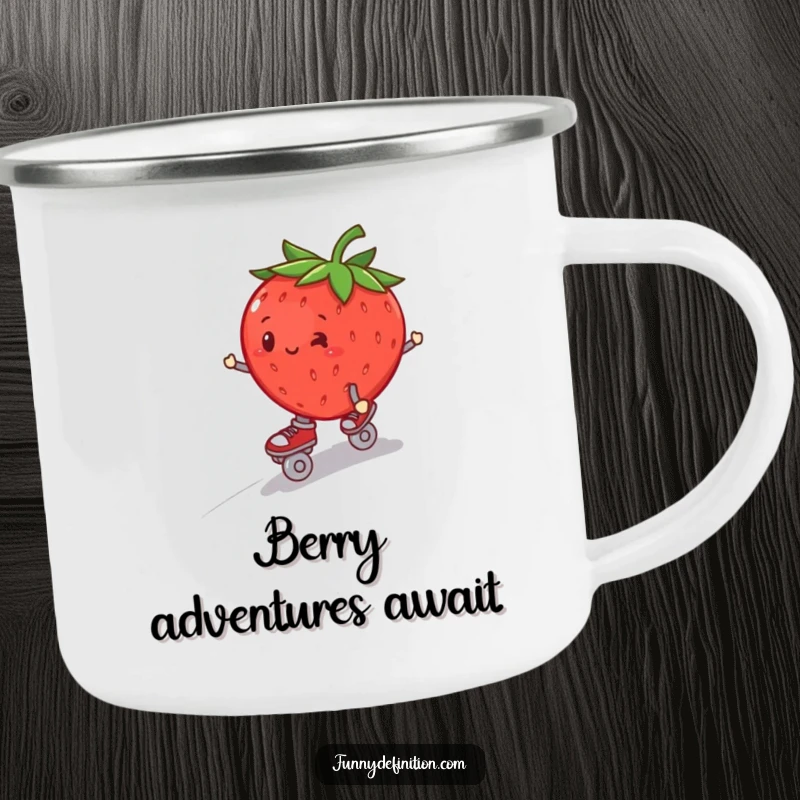 Funny plump strawberry in roller skates, wobbling downhill, on a durable camping mug.