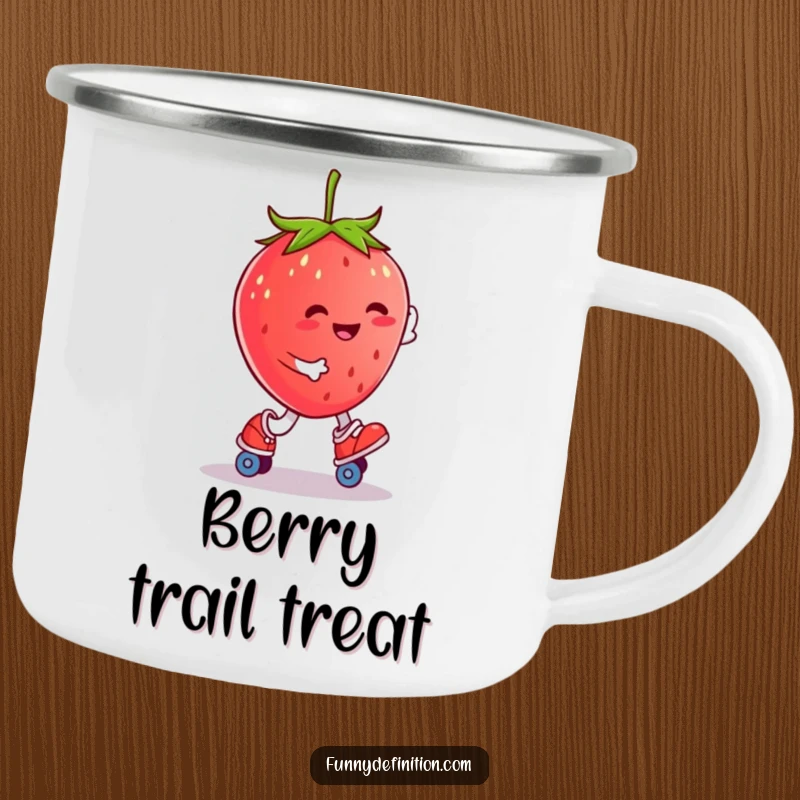 Funny smiling strawberry character roller skating, perfect for a humorous camping mug.