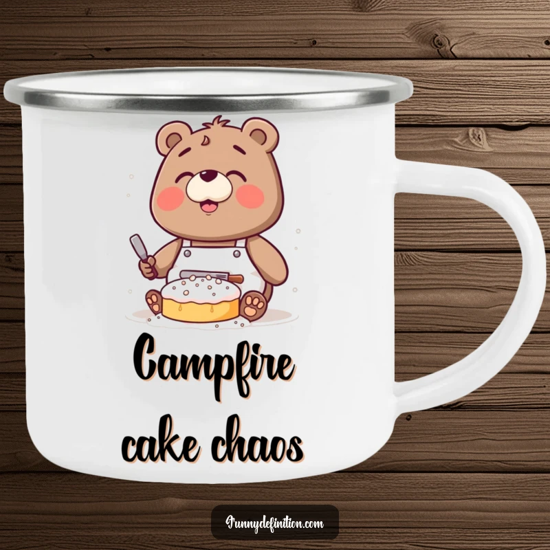 Funny camping mug depicting a clumsy bear wearing an apron, covered in flour while attempting to bake a cake.