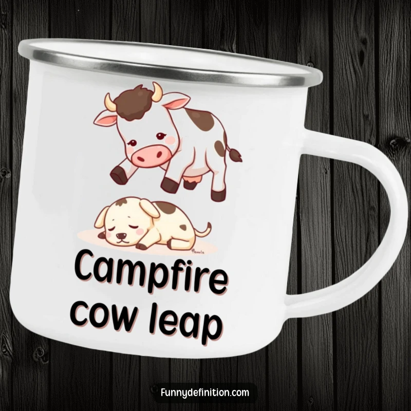Funny camping mug showing a cow attempting to jump over a tiny sleeping dog, bringing farmyard humor to outdoor adventures.