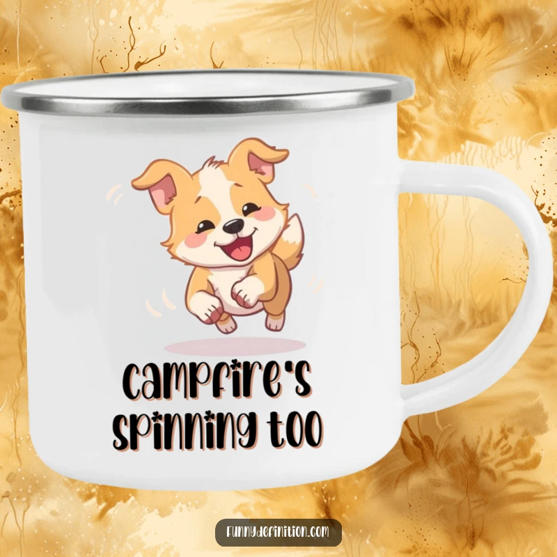 Funny dizzy dog camping mug depicting a dog comically spinning in a blur chasing its tail, adding humor to outdoor trips.