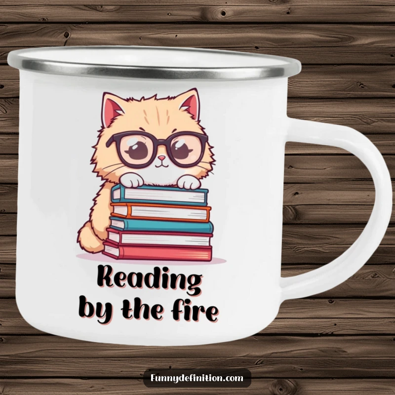 Funny cat camping mug, fluffy cat wearing oversized glasses, trying to balance books, perfect for outdoor reading sessions.