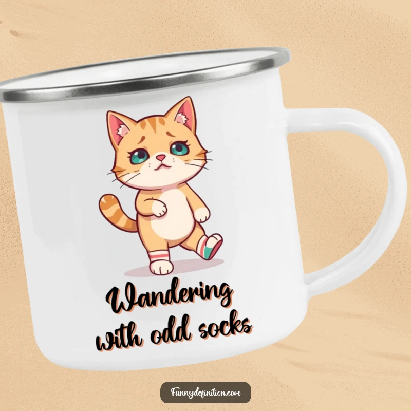 Funny camping mug featuring a confused cat attempting to walk in mismatched socks, ready for campfire stories and outdoor fun.