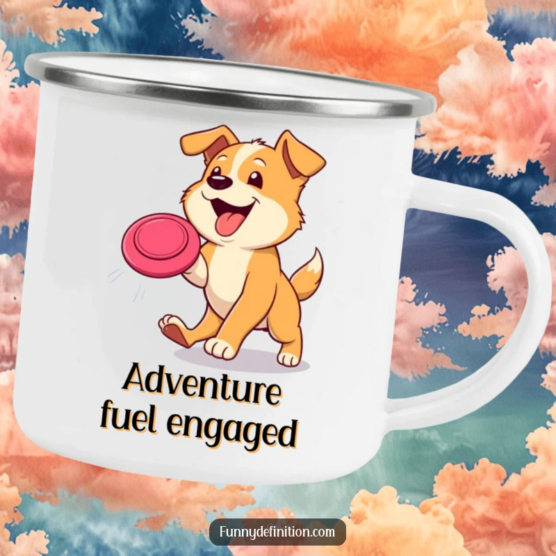 Funny dog camping mug with a happy, tongue-lolling dog leaping to catch a frisbee, perfect for outdoor adventures and pet lovers.