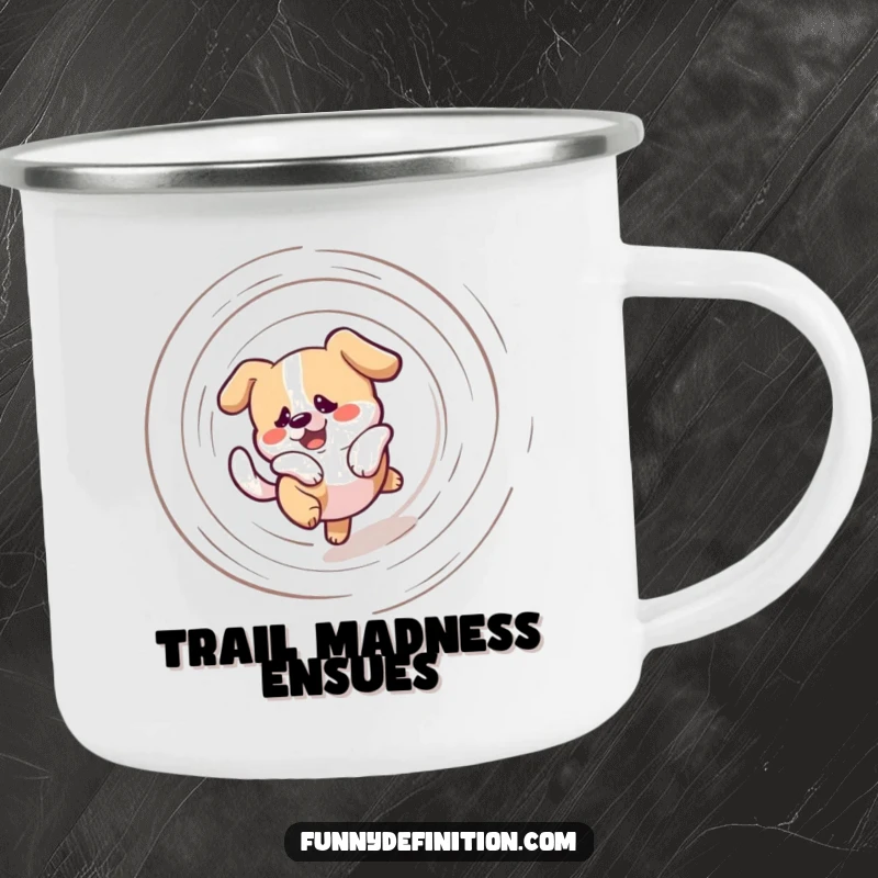 Funny camping mug featuring a bewildered dog in a dizzying spiral chasing its tail, ready for campfire stories and outdoor fun.
