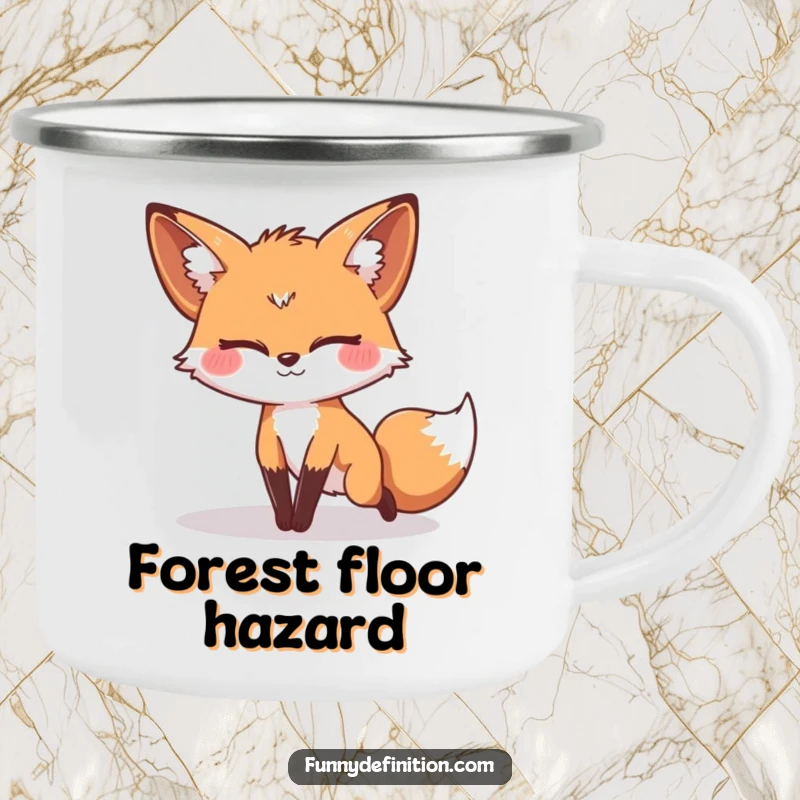 Funny camping mug featuring a silly fox tripping over its own tail, ideal for humorous outdoor moments and adventures.