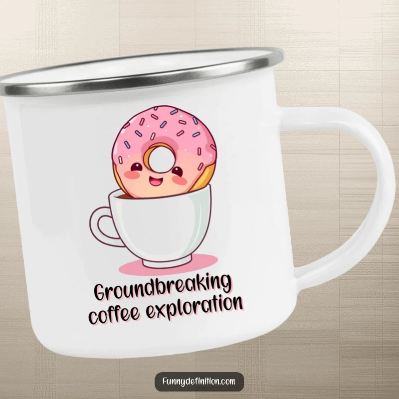 Funny camping mug with a giggling donut with sprinkles floating upside down in a coffee mug.