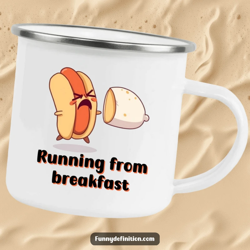 Funny camping mug featuring a nervous hot dog attempting to escape a pursuing bun, ideal for outdoor enthusiasts who appreciate food humor.
