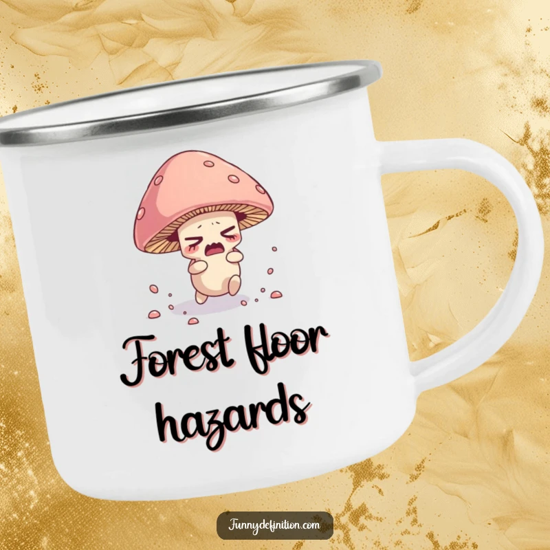 Funny enamel camping mug with a nervous mushroom character tripping over its cap, scattering spores.
