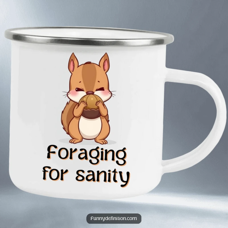 Funny camping mug showing a nervous squirrel trying to hide a giant nut, bringing hoarding humor to outdoor adventures.
