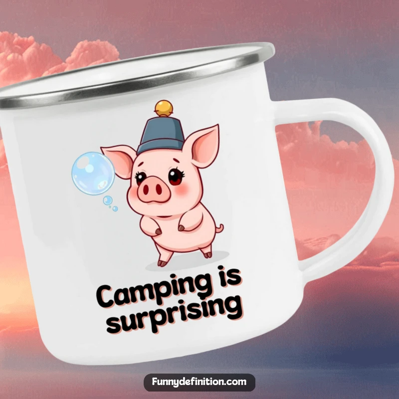 Funny pig camping mug with a pig wearing a ridiculous hat, looking surprised by a floating bubble, for outdoor use.